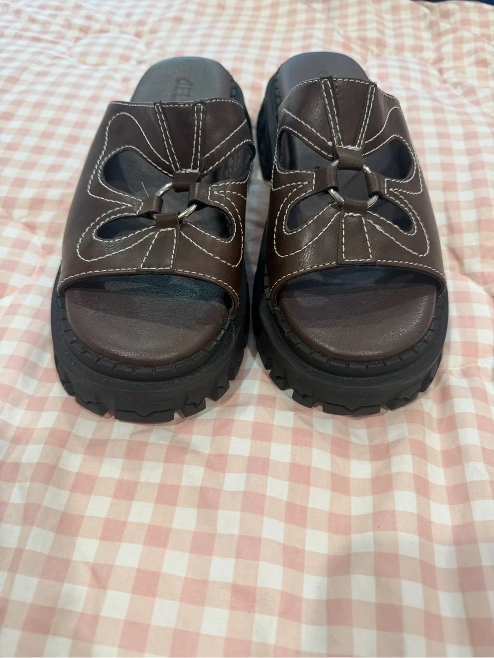 Brown Platform Slide Sandals with White Stitching